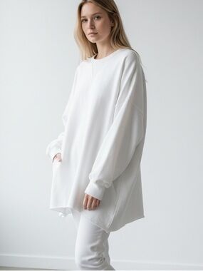 Aerie Crewneck Relaxed Fit Rolled Hem Tunic Sweatshirt - White